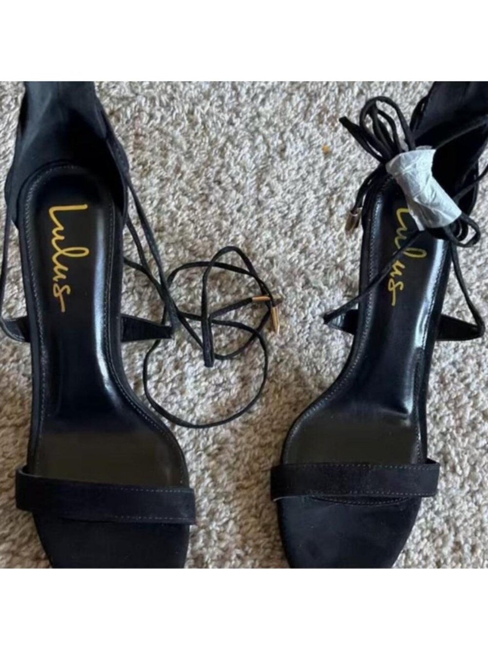 Black suede Lulus heels with tie straps with 4.5 inch heel